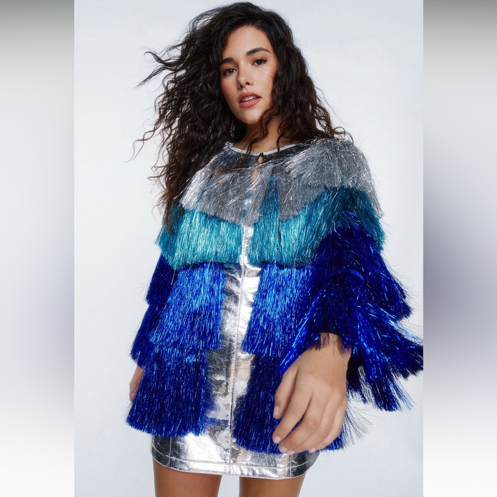 Nasty Gal Metallic Tiered Tinsel Fringe Open Front Jacket